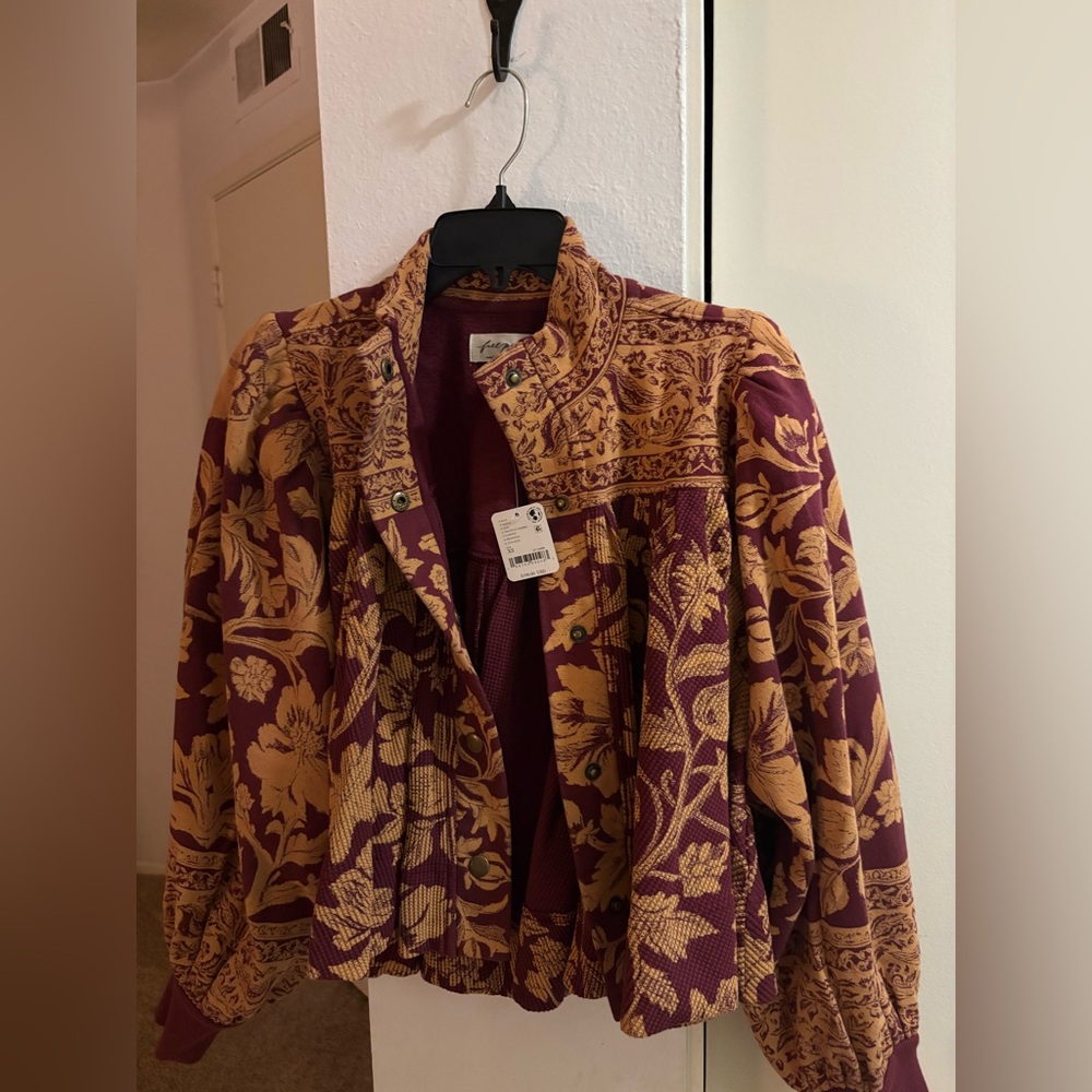 Free People Burgundy and Gold Floral Bomber Jacket